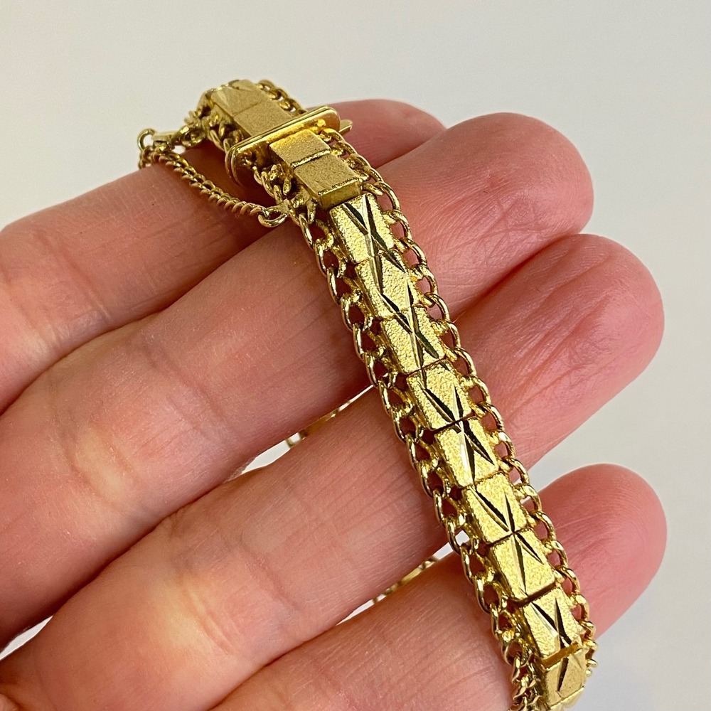 Vintage Gold Tone Geometric Link Bracelet Etched Rope Safety Chain 6.5" Retro - Picture 10 of 11